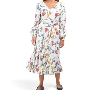 NWT ELLIE TAHARI Waist Linen Blend V-neck French Garden Midi Dress With Tie